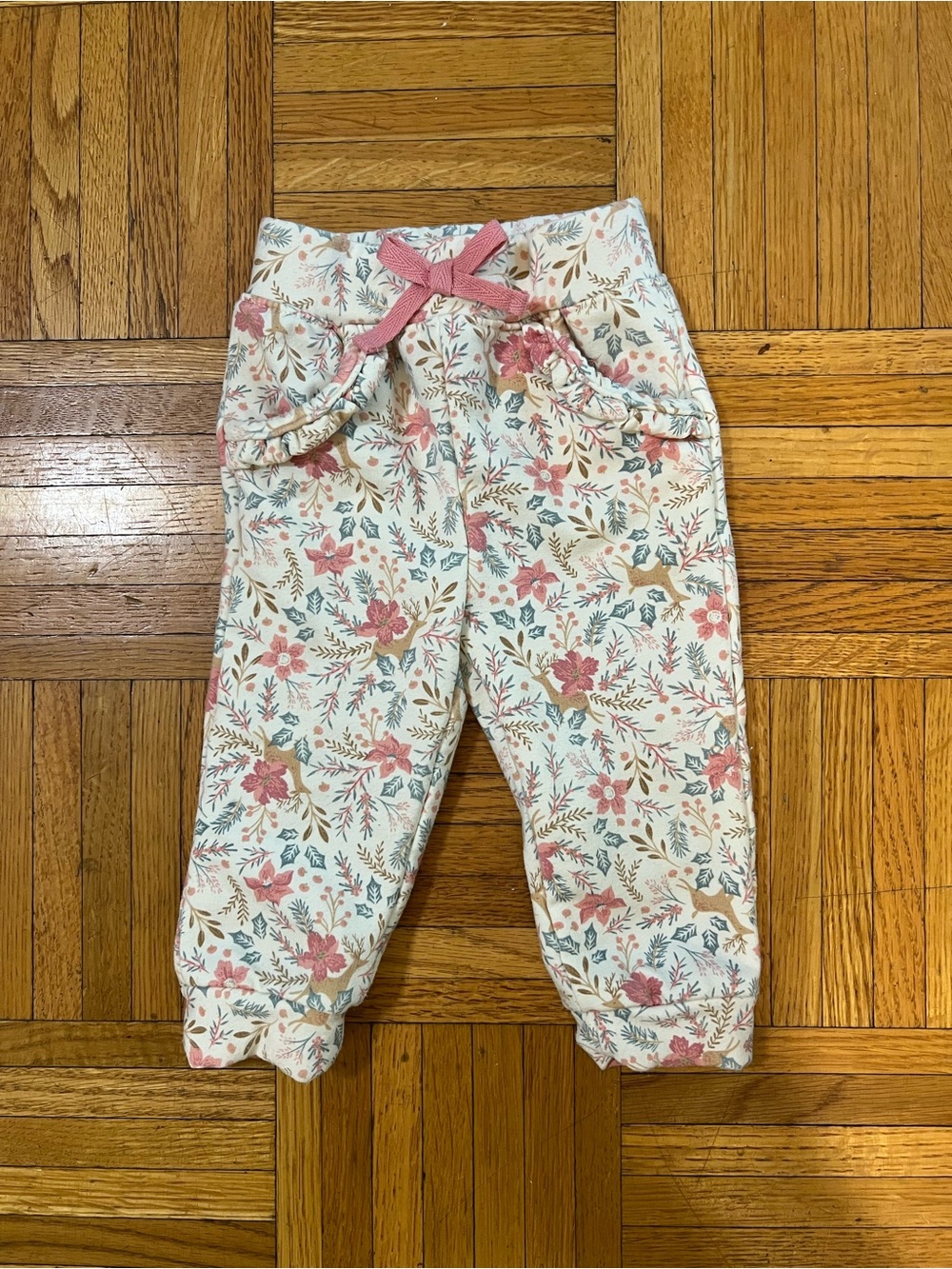It’s A Girl Floral Jogger Pants with Pink Bow flowers and deer size 3/6 months